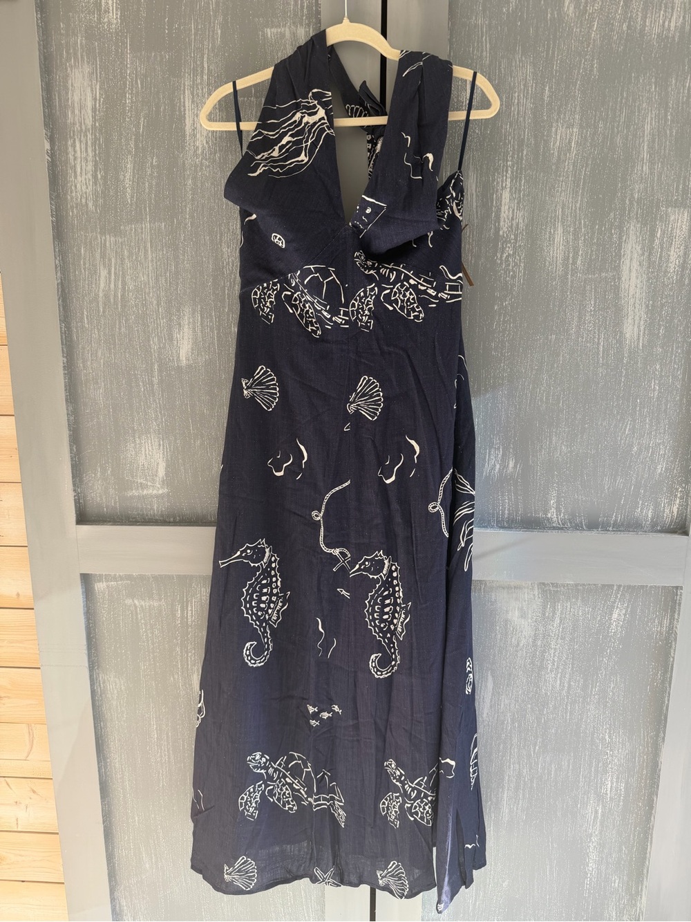 Few Moda Oceana Navy Sea Life Halter Maxi Dress Linen Blend NWT Size 6 - Picture 4 of 12